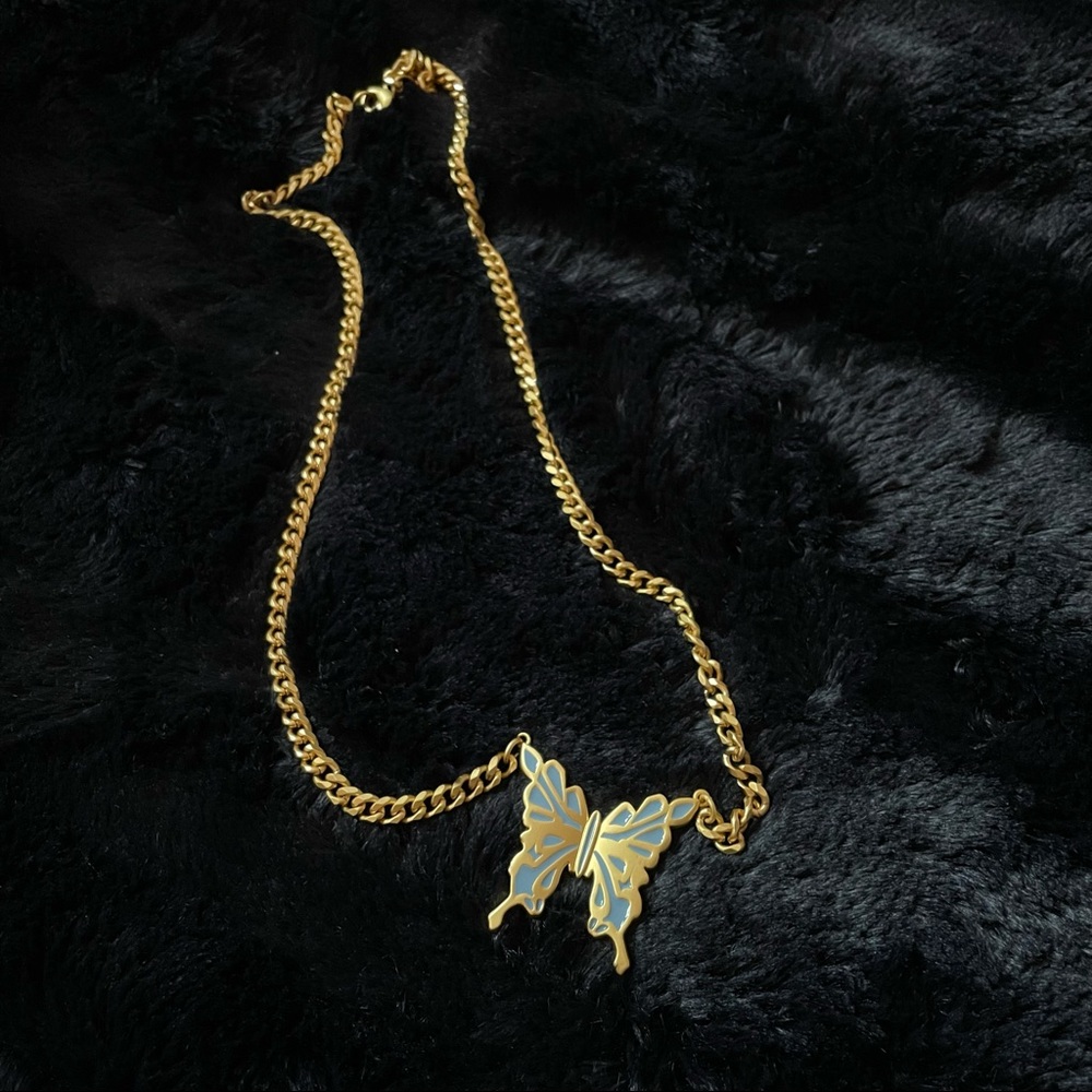 Gold necklace blue butterfly necklace
